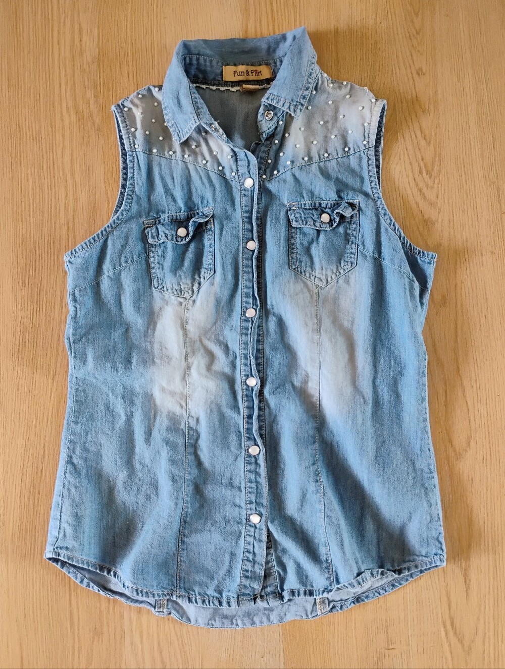 Fun & Flirt Light Blue Sleeveless Denim Button-Down with Pearl Accents